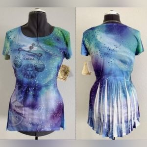 One World Libra Zodiac Printed Short Sleeve Scoop Neck Bustle Back Top Sz S